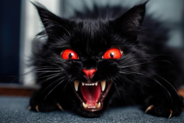 A black cat with red eyes is staring at the camera