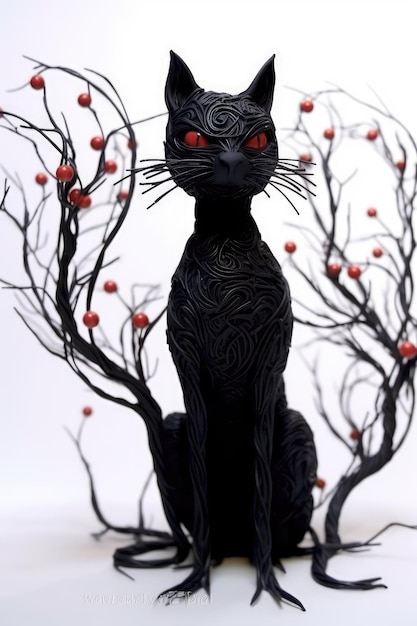 A black cat with red eyes sits in a tree with branches and branches