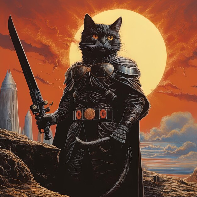 a black cat with a sword and a red sky with a background of a city