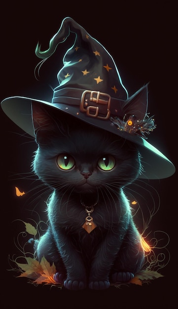 A black cat with a witch hat on.