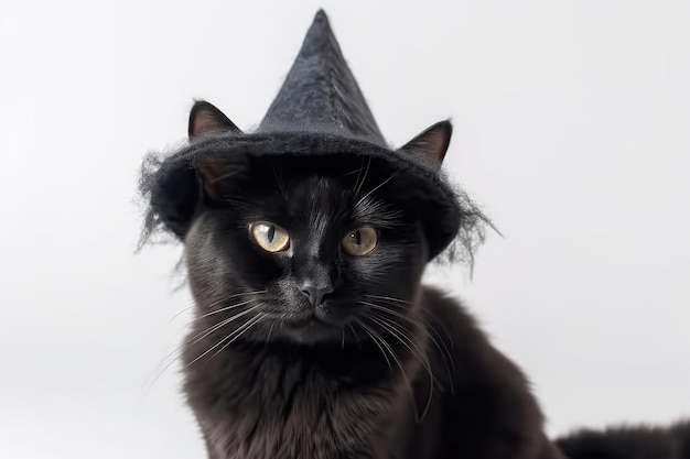 Black Cat With Witchs Hat On White Background Halloween Generative AI