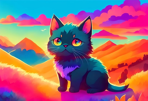 A black cat with yellow and blue eyes sits in a colorful landscape.