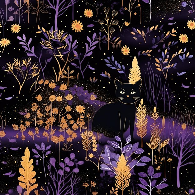 A black cat with a yellow cone on its head sits in a field of flowers.