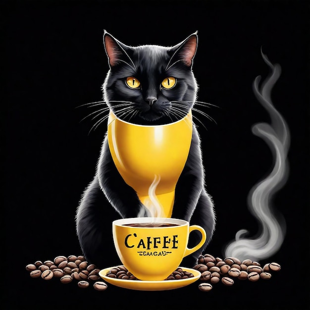 a black cat with a yellow cup of coffee on it