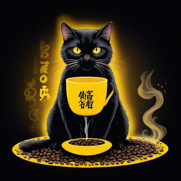 Photo a black cat with a yellow cup of coffee on a plate with the words quot tea quot on it