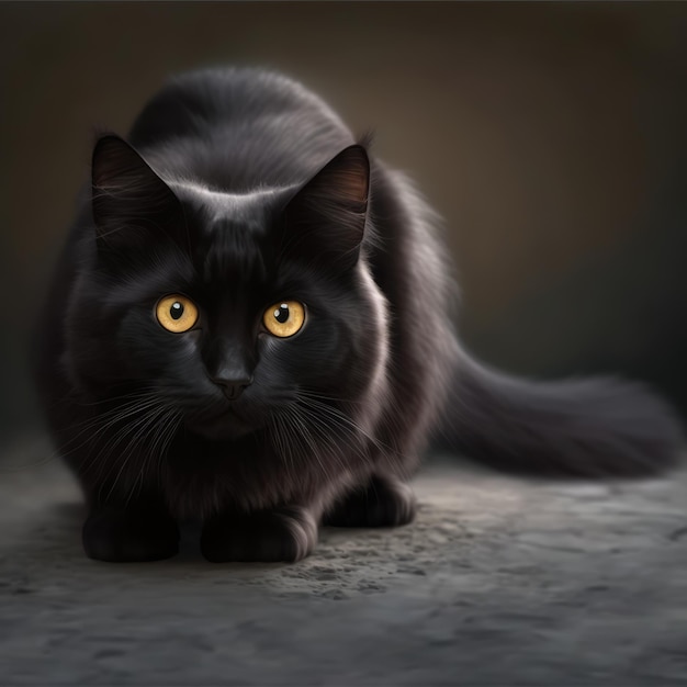 Черная кошка с желтыми глазами на черном фоне, созданная с использованием генеративной технологии искусственного интеллекта