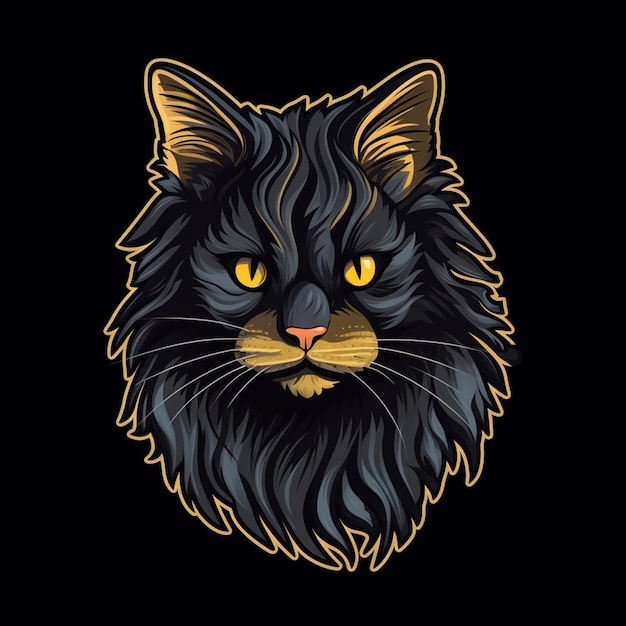 A black cat with yellow eyes on a black background