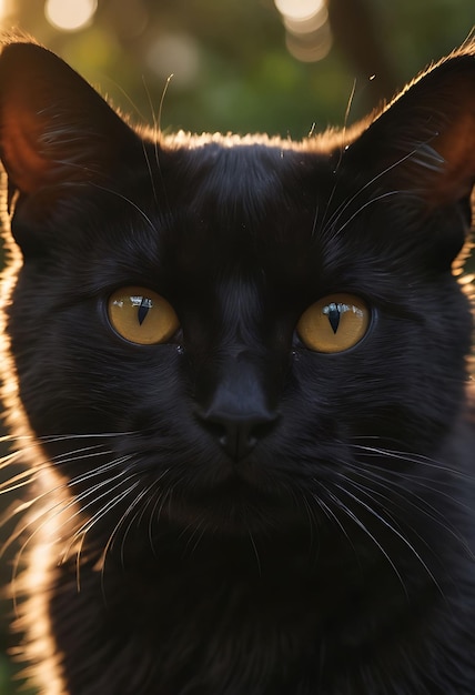 a black cat with yellow eyes and a black nose