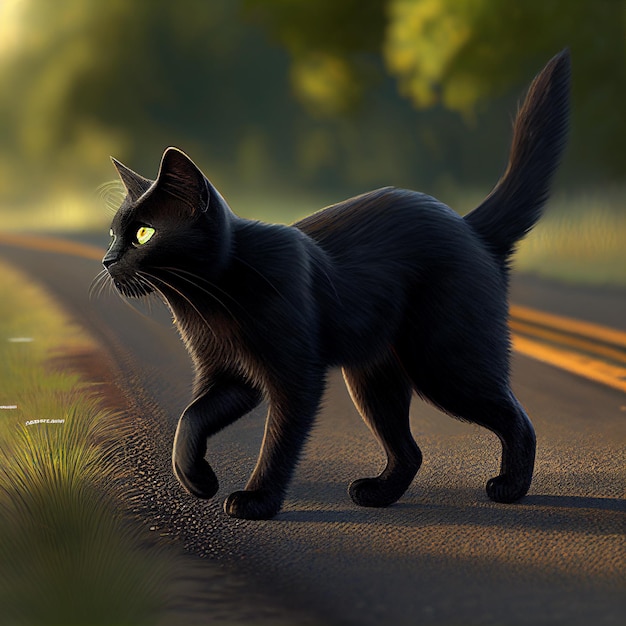 黄色い目の黒い猫が道路のクローズ アップを横切る 悪い兆候 迷信 魔法 魔術 怖い