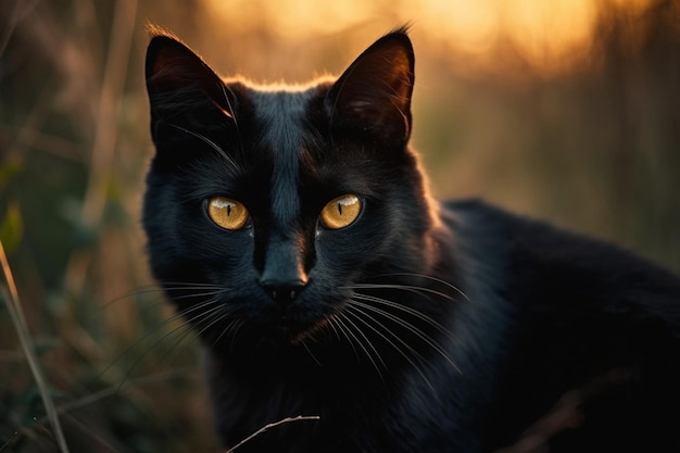 夕暮れの自然に黄色い目の黒猫