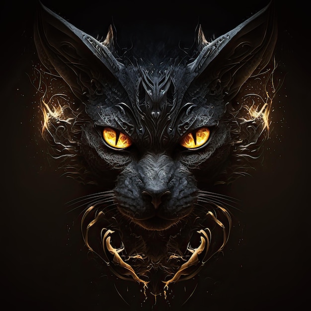 A black cat with yellow eyes is on a dark background.