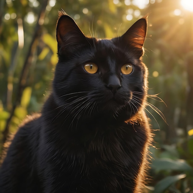 노란 눈의 검은 고양이가 잔디에 앉아 있다