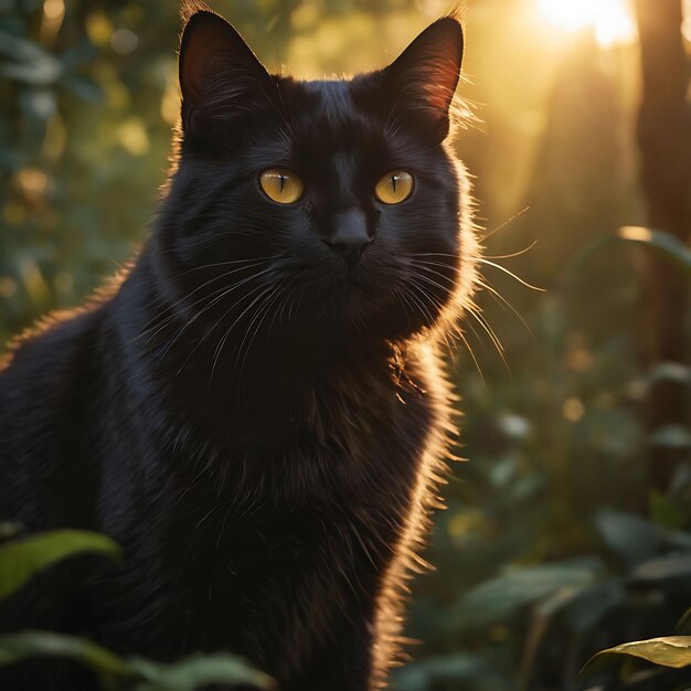 黄色い目を持つ黒い猫が草の上に座っている