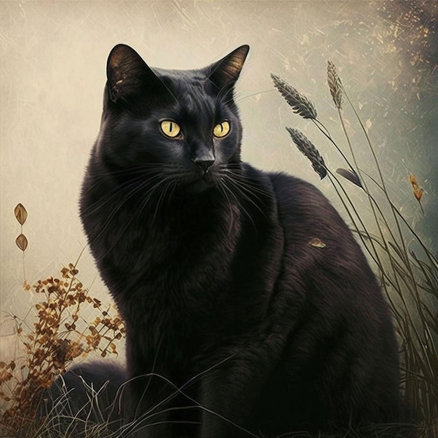 A black cat with yellow eyes is sitting in the grass.