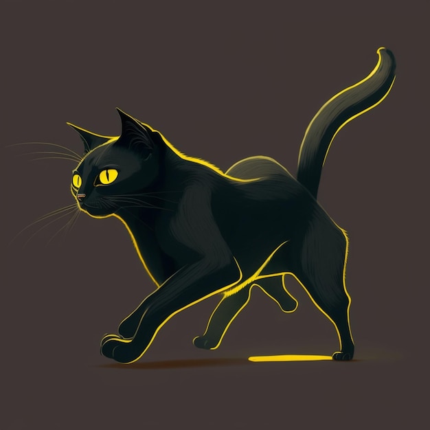 A black cat with yellow eyes is walking.