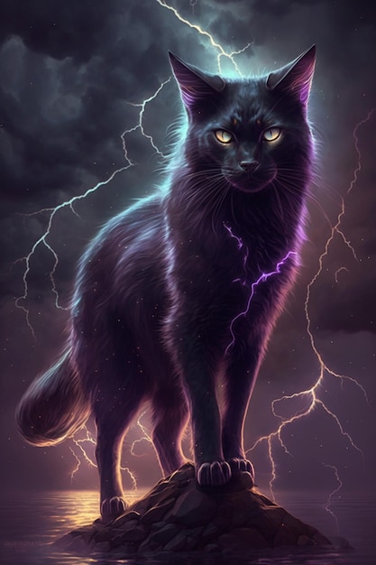 A black cat with yellow eyes and a lightning bolt on its head