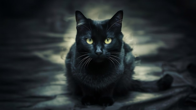 黄色い目を持つ黒い猫がぼんやりとカメラを見ている