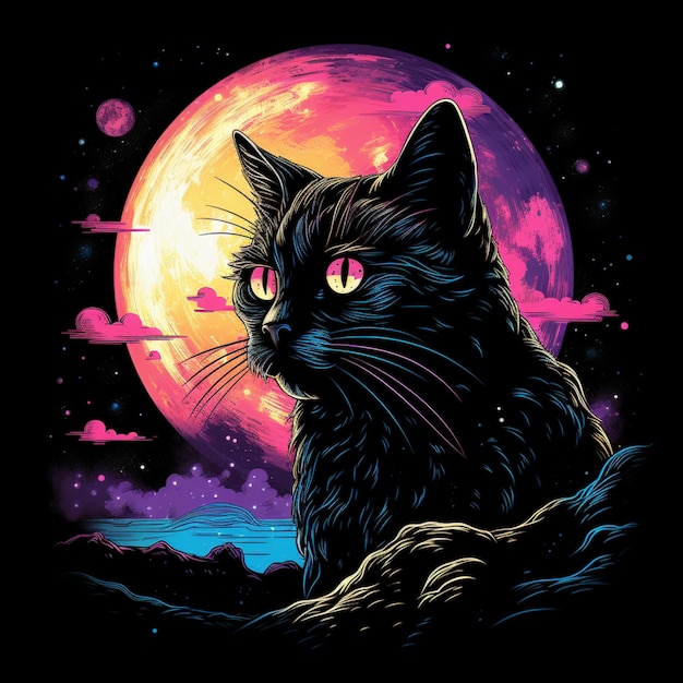 a black cat with yellow eyes and a pink moon in the background.