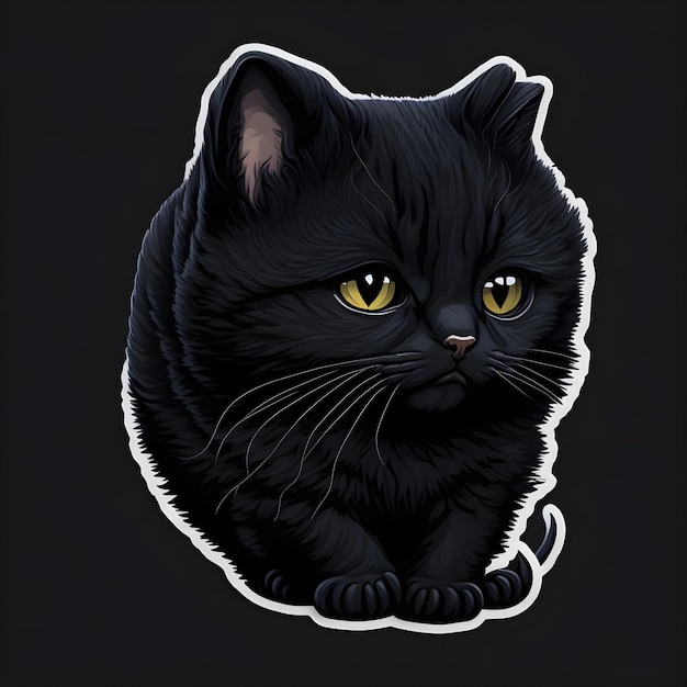 a black cat with yellow eyes sits on a black background