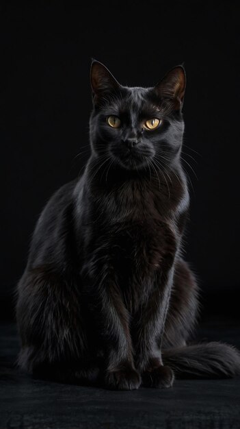 黄色い目を持つ黒い猫が黒い背景に座っている