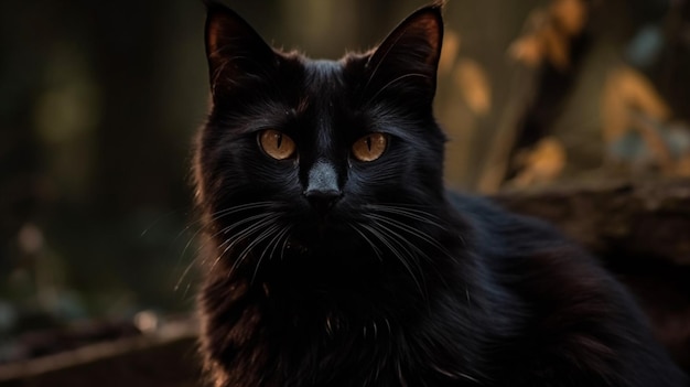 A black cat with yellow eyes sits in a dark room.