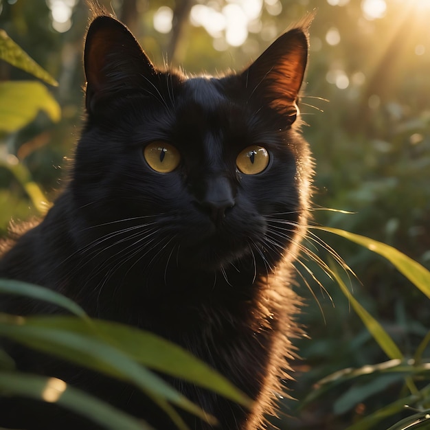 черная кошка с желтыми глазами сидит в траве