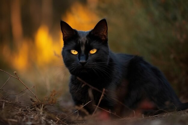 A black cat with yellow eyes sits in the grass.