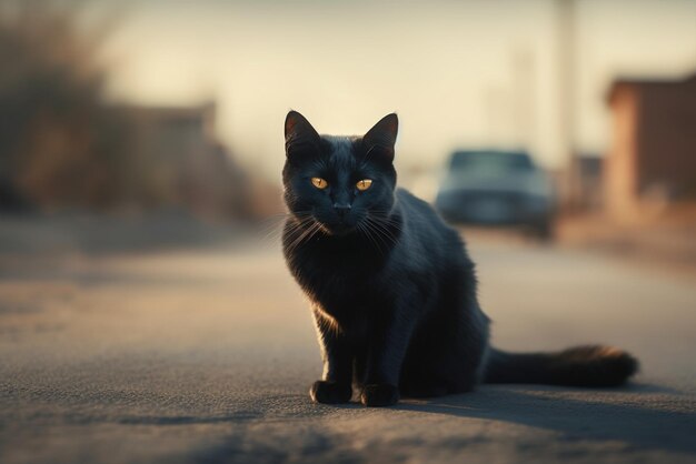 A black cat with yellow eyes sits in the middle of a road generative ai