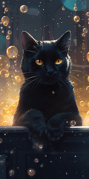 A black cat with yellow eyes sits on a rainy day.