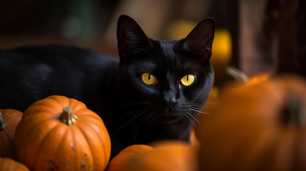 A black cat with yellow eyes sits among some pumpkins.