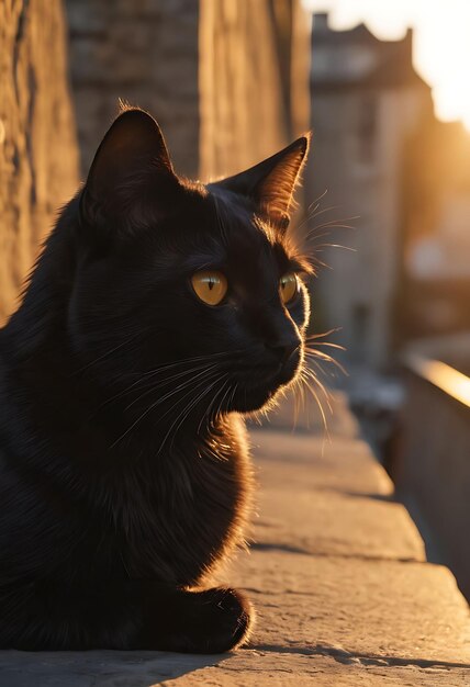 a black cat with yellow eyes sits on a step