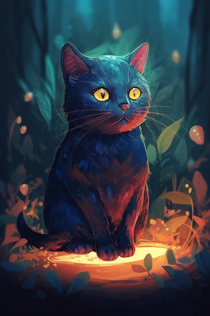 A black cat with yellow eyes sits on a stump in the woods.