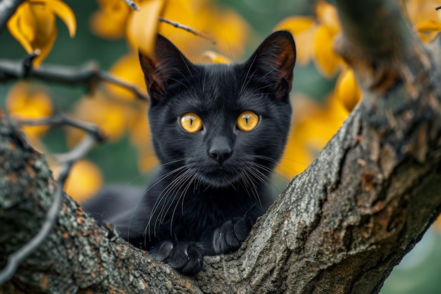 Черная кошка с желтыми глазами сидит на дереве.