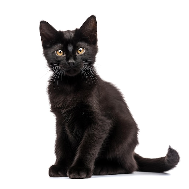 A black cat with yellow eyes sits on a white background