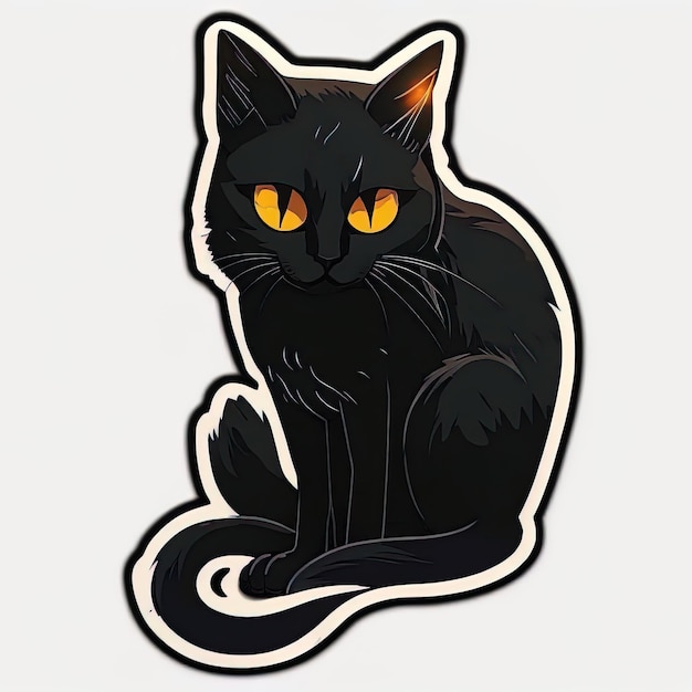 A black cat with yellow eyes sits on a white background.