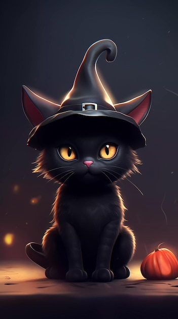 A black cat with yellow eyes sits in a witch hat.