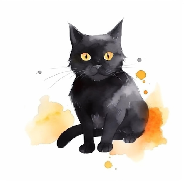 A black cat with yellow eyes sits on a yellow spot.