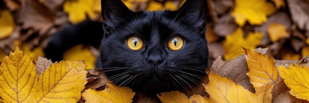 A black cat with yellow eyes sitting in a pile of leaves ai