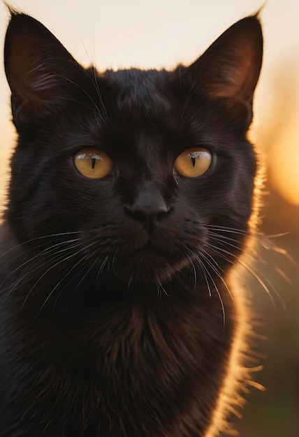 a black cat with yellow eyes and a word in the middle of it