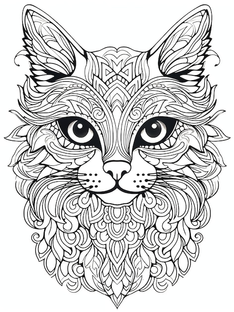 Photo black cats fantasy magical coloring book page in black and white for adults