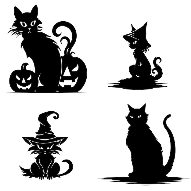 Black cats silhouettes set for halloween Cat shapes isolated on white background Stock vector