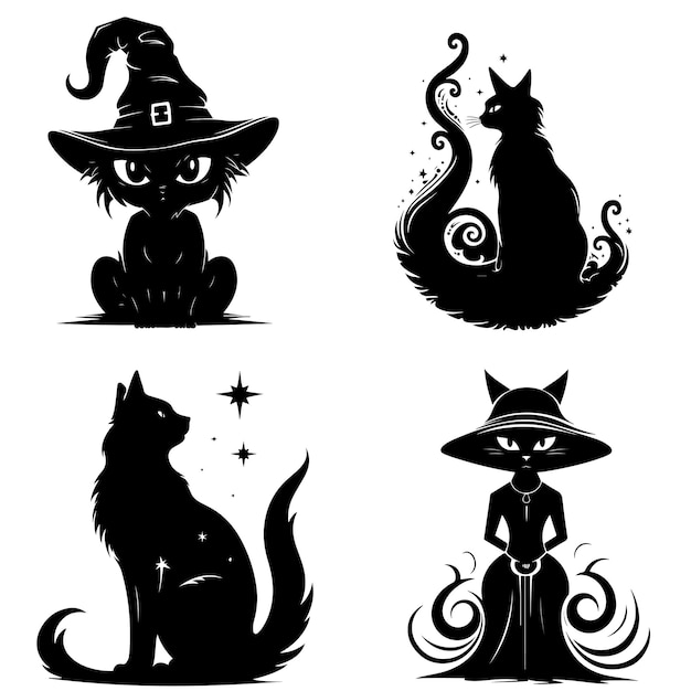 Black cats silhouettes set for halloween Cat shapes isolated on white background Stock vector