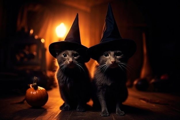 Black cats wearing witch hat for halloween sitting dark scary background Autumn spooky season with orange pumpkins and funny horror pet animal generated AI