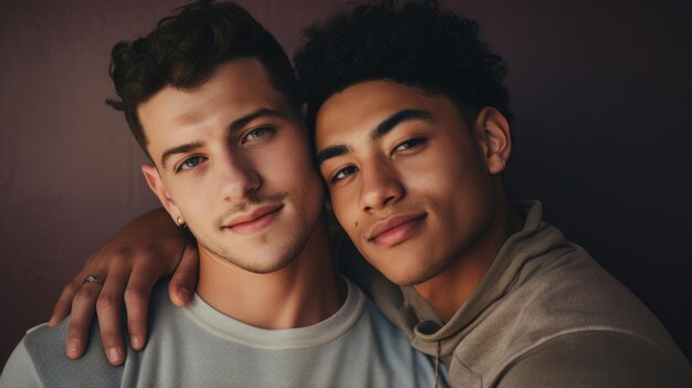 Black and Caucasian gay couple against studio background