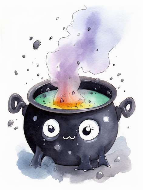 A black cauldron with a face and eyes is surrounded by a purple liquid.