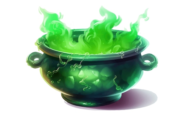 Black cauldron with green witches magic broth