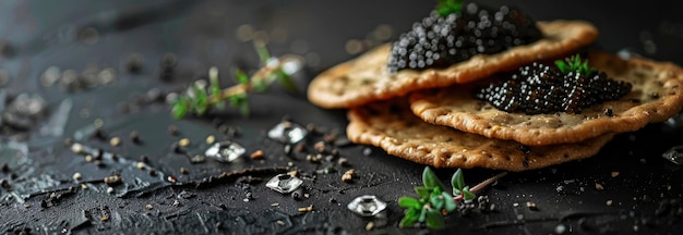 Black caviar on a cracker with herbs and diamonds in the dark background
