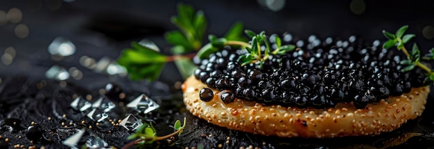 Black caviar on a cracker with herbs and diamonds in the dark background