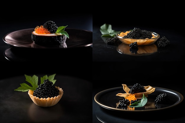 Foto caviale nero snack collage sturgeon delicatessen luxury seafood premium caviale nera abstract generative ai illustrazione