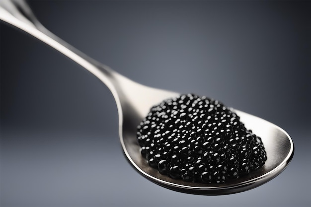 Black caviar Sturgeon caviar Black caviar in a metal spoon Sea delicacy on a dark